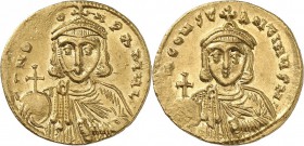 EMPIRE BYZANTIN. Léon III (717-741). Solidus, Constantinople. Av. Buste couronné de Léon III. Rv. Buste couronné de Constantin. Sear 1504. 4,48 grs. P...