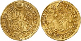 ALLEMAGNE. Salzbourg, Ernest de Bavière (1549-1560). Florin d’or. Av. Écu dans un polylobe. Rv. Ernest de Bavière trônant de face, un sceptre dans la ...