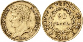ALLEMAGNE. Westphalie, Jêrome Napoléon (1807-1813). 20 franken 1809, Cassel. Av. Tête laurée à gauche. Rv. Valeur dans une couronne. Fr. 3517, Jaeger ...