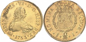 CHILI. Ferdinand VI (1746-1759). 8 Escudos 1753, Santiago. Av. Buste drapé à droite. Rv. Écu couronné. Fr. 5. 26,98 grs. NGC AU 58. Infime rayure à l’...