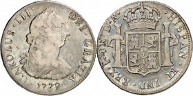CHILI. Charles III (1759-1788). 4 Réales 1779, Santiago. Av. Buste drapé à droite. Rv. Écu couronné. Km.34. 13,20 grs. Très rare, TB