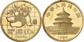 CHINE. République populaire (1949 - à nos jours). 100 Yuan 1989. Av. Panda. Rv. Temple. Fr. B4. 31,10 grs. Dans sa pochette d’origine, petites tâches,...
