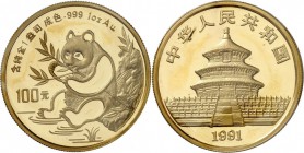 CHINE. République populaire (1949 - à nos jours). 100 Yuan 1991. Av. Panda. Rv. Temple. Fr. B4. 31,10 grs. Dans sa pochette d’origine, Fleur de coin...