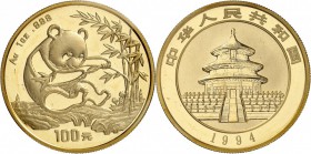 CHINE. République populaire (1949 - à nos jours). 100 Yuan 1994. Av. Panda. Rv. Temple. Fr. B4. 31,10 grs. Dans sa pochette d’origine, Fleur de coin...
