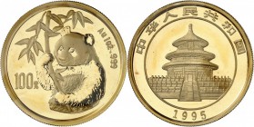 CHINE. République populaire (1949 - à nos jours). 100 Yuan 1995. Av. Panda. Rv. Temple. Fr. B4. 31,10 grs. Dans sa pochette d’origine, très rare, Fleu...
