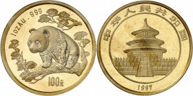 CHINE. République populaire (1949 - à nos jours). 100 Yuan 1997. Av. Panda. Rv. Temple. Fr. B4. 31,10 grs. Dans sa pochette d’origine, Fleur de coin...