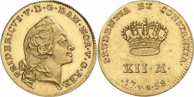 DANEMARK. Frédéric IV (1746-1766). 12 Mark 1758, Copenhague. Av. Tête nue à droite. Rv. Valeur sous une couronne. Fr. 269. 3,11 grs. Légèrement nettoy...