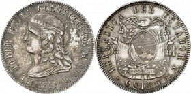 ÉQUATEUR. République (1830 - à nos jours). 5 Francs 1858, Quito. Av. Buste de la Liberté à gauche. Rv. Écu couronné. Km. 39. 35,20 grs. Infimes chocs ...