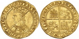 ESPAGNE. Pierre Ier (1350-1369). Dobla de 35 maravedis, Séville. Av. Buste couronné à gauche. Rv. Armes de Castille et de Leon. Fr. 105. 4,54 grs. Sup...