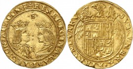 ESPAGNE. Ferdinand et Isabelle (1474-1504). Double excellente, Séville. Av. Bustes affrontés de Ferdinand et Isabelle. Rv. Aigle sur un écu couronné. ...