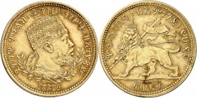 ÉTHIOPIE. Ménélik II (1889-1913). Werk 1889 (1897), Addis Abeba. Av. Buste couronné à gauche. Rv. Lion à gauche. Fr. 21. 5,41 grs. TTB à Superbe...
