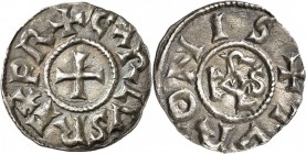 FRANCE. Carolingiens. Charlemagne (768-814). Denier, Tours. Av. + CΛRLVS REX FR, Croix. Rv. + TVRONIS Monogramme carolin. Prou 443. 1,65 grs. Rare, be...