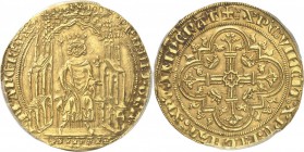 FRANCE. Philippe VI (1328-1350). Double d’or Ière émission du 6 avril 1340. Av. Le roi assis dans une stalle gothique avec baldaquin, couronné, tenant...