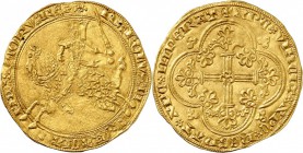 FRANCE. Charles V (1364-1380). Franc à cheval 1364. Av. Le roi galopant à gauche tenant une épée dans sa main gauche. Rv. Croix feuillue avec quadrilo...