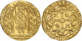 FRANCE. Charles V (1364-1380). Franc à pied 20 avril 1365. Av. Le roi, couronné, debout sous un dais accosté de lis, portant une cotte d’armes fleurde...