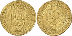 FRANCE. Charles VII (1422-1461). Écu d’or dit « écu neuf », première émission, point 3°, Mirabel. Av. Écu de France couronné, accosté de deux lis cour...