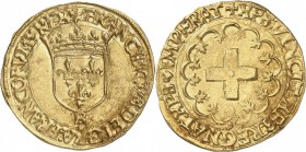 FRANCE. François Ier (1515-1547). Écu d’or à la croisette, Rouen. Av. Écu couronné. Rv. Croix dans un polylobe feuillu. Dup. 889. 3,42 grs. Flan large...