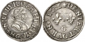 FRANCE. Henri III (1574-1589). Denier tournois 1586, Poitiers, essai en argent. Av. Buste cuirassé et lauré à droite. Rv. Deux lis au-dessus de la let...