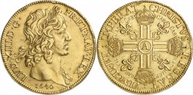 FRANCE. Louis XIII (1615-1643). Dix louis d’or au col nu 1640, Paris. Av. Tête laurée à droite. Rv. Croix formée de huit L adossés et couronnés. G. 62...