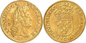 FRANCE. Louis XIV (1643-1715). 1/2 louis d’or à l’écu 1691, Paris, réformation. Av. Tête laurée à droite. Rv. Écu de France couronné. G. 239, Dup. 143...