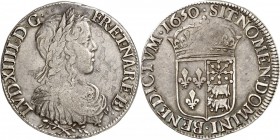 FRANCE. Louis XIV (1643-1715). 1/2 écu de Béarn à la mèche longue 1650, Pau. Av. Buste à droite, lauré, drapé et cuirassé à l’antique. Rv. Écu couronn...