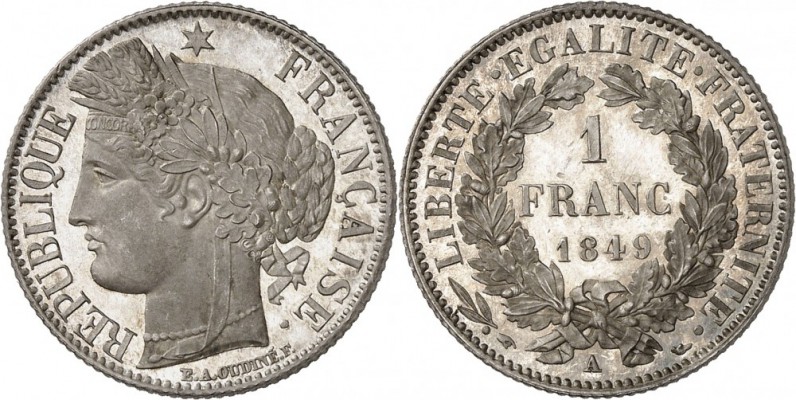 FRANCE. II° République (1848-1852). Franc 1849, Paris, frappe sur flan bruni. Av...