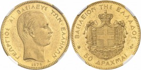 GRÈCE. Georges Ier (1863-1913). 50 drachmes 1876, Paris. Av. Tête nue à droite. Rv. Armoiries sur un manteau couronné. Fr. 14. 16,12 grs. NGC MS 60, i...