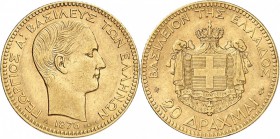 GRÈCE. Georges Ier (1863-1913). 20 drachmes 1876, Paris. Av. Tête nue à droite. Rv. Écu couronné. Fr. 15. 6,44 grs. TTB à Superbe