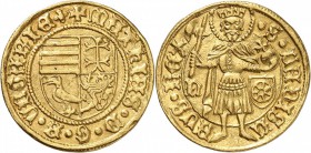 HONGRIE. Matthias Corvin (1458-1490). Florin, Nagybanya. Av. Ecusson royal. Rv. Saint Ladislas debout. Fr. 20. 3,44 grs. Variété rare et Superbe