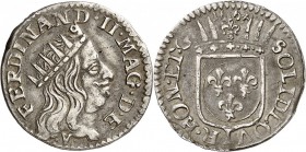 ITALIE. Livourne, Ferdinand II Médicis (1621-1670). Luigino 1664. Av. Buste couronné à droite. Rv. Écu couronné. Cammarano 146. 2,23 grs. Très rare, T...