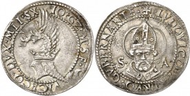 ITALIE. Milan, Giovanni Galeazzo Maria Sforza, régence de Ludovico Maria Sforza (1559-1580). Gros. Av. Casque heaumé. Rv. Buste de Saint-Ambroise de f...