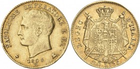 ITALIE. Milan, Napoléon Ier Roi d’Italie (1805-1814). 20 lire Ier type 1808, Milan. Av. Tête nue à gauche. Rv. Écu couronné. Mont. 205, Fr. 7. 6,44 gr...