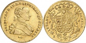 ITALIE. Naples, Ferdinand IV de Bourbon (1759-1799). 6 Ducat 1766. Av. Buste drapé à droite. Rv. Écu couronné. Fr. 846. 8,79 grs. Infimes stries d’aju...