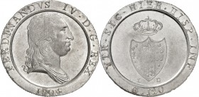 ITALIE. Naples, Ferdinand IV de Bourbon (1759-1816). Piastre de 120 grana 1805. Av. Buste habillé à droite. Rv. Écu couronné. GI. 72b. 27,20 grs. Stri...