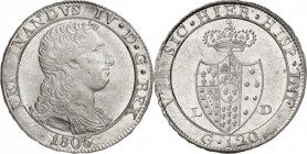 ITALIE. Naples, Ferdinand IV de Bourbon (1759-1816). Piastre de 120 grana 1805. Av. Buste habillé à droite. Rv. Écu couronné. GI. 71C. 27,44 grs. Stri...