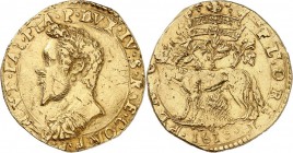 ITALIE. Piacenza, Ranuccio Ier Farnese (1592-1622). 2 doppie 1615. Av. Buste drapé à gauche. Rv. Loup couronné. Fr. 907. 12,17 grs. Flan court, TB à T...