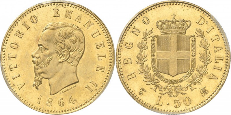 ITALIE. Victor Emmanuel II (1861-1878). 50 Lire 1864, Turin. Av. Tête nue à gauc...