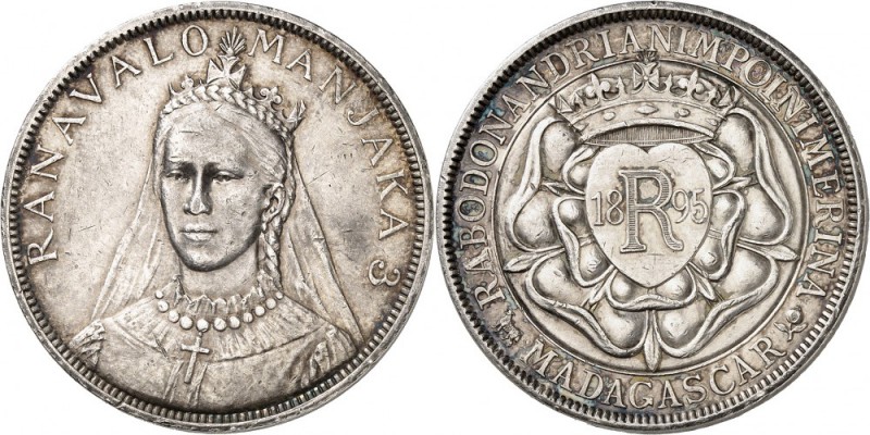 MADAGASCAR. Ranavalona III (1883-1897). Module de 5 francs 1896. Av. Buste voilé...
