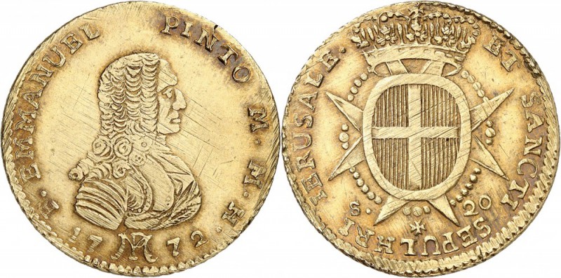 MALTE. Emmanuel Pinto (1741-1773). 20 scudi 1772, Valletta. Av. Buste cuirassé à...