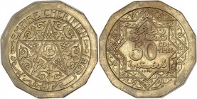 MAROC. Empire Chérifien, Mohammed V (1927-1957 – H 1346-1376). 50 centimes non daté (1357) en bronze aluminium, essai piéfort grand module à 12 pa...
