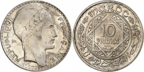 MAROC. Mohammed V (1927-1961 - H 1346-1380). Épreuve en nickel du 10 francs Turin, non daté (1927-1346). Av. Tête à droite. Rv. Valeur dans une étoile...