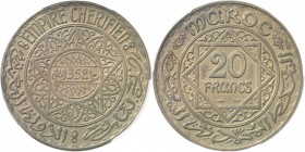 MAROC. Mohammed V (1927-1961 - H 1346-1380). 20 francs 1352 (1933), pré-série en bronze-aluminium, tranche striée. Av. Date dans une étoile à cinq bra...