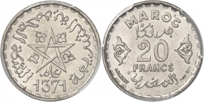 MAROC. Mohammed V (1927-1961 - H 1346-1380). 20 francs 1371 (1952), pré-série en...
