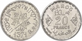 MAROC. Mohammed V (1927-1961 - H 1346-1380). 20 francs 1371 (1952), pré-série en bronze-aluminium, argentée. Av. Étoile à cinq branches au-dessus de l...