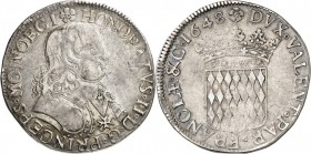 MONACO. Honoré II (1604-1662). Écu 1648, Ier type avec l'écusson plus petit et buste fort. Av. Buste cuirassé à droite. Rv. Écu couronné aux armes des...