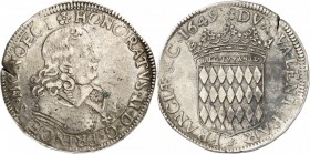 MONACO. Honoré II (1604-1662). Écu 1649. Av. Buste drapé et cuirassé à droite. Rv. Écu couronné aux armes des Grimaldi. G. MC29. 27,03 grs. Rare, fêlu...
