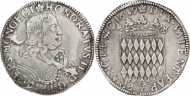 MONACO. Honoré II (1604-1662). Écu 1649. Av. Buste drapé et cuirassé à droite. Rv. Écu couronné aux armes des Grimaldi. G. MC29. 26,58 grs. Variété de...
