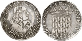 MONACO. Honoré II (1604-1662). Écu 1650. Av. Buste drapé et cuirassé à droite. Rv. Écu couronné aux armes des Grimaldi. G. MC29. 26,52 grs. Bel exempl...