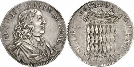 MONACO. Honoré II (1604-1662). Écu 1652. Av. Buste drapé et cuirassé à droite. Rv. Écu couronné aux armes des Grimaldi. G.29. 27,12 grs. Variété de bu...