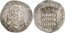 MONACO. Honoré II (1604-1662). Écu 1653. Av. Buste cuirassé à droite. Rv. Écu couronné aux armes des Grimaldi. G. MC30. 25,18 grs. Variété de buste. T...